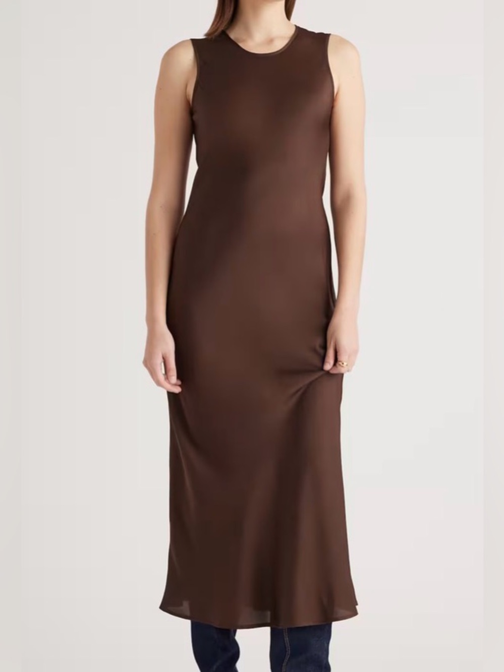 Quince Washable Silk Large Stretch Tank Brown Midi Slip Dress